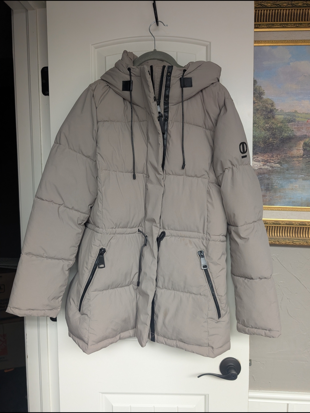 DKNY Taupe Hooded Puffer Jacket Coat Medium | Adjustable Waist Winter Parka - Picture 2 of 12